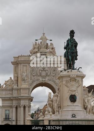 Statue of King José I, by Machado de Castro (1775), against Rua Augusta Arch on Praça do Comércio, the square of Commerce in Lisbon, Portugal Stock Photo