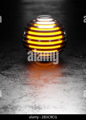 3d abstract metallic ribbed sphere with glowing orange centre on metallic flat floor with light behind, 3d illustration Stock Photo
