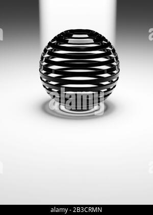 3d abstract black plastic ribbed sphere on white reflective flat floor with light behind, 3d illustration Stock Photo