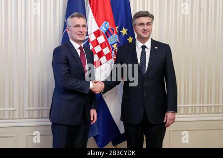 (200304) -- ZAGREB, March 4, 2020 (Xinhua) -- Croatian Prime Minister Andrej Plenkovic (R) meets with NATO Secretary General Jens Stoltenberg in Zagreb, Croatia, on March 4, 2020. Croatia, in cooperation with other EU member states and NATO, will do everything to prevent a new wave of migrants, Andrej Plenkovic said here on Wednesday after talks with Jens Stoltenberg. (Igor Kralj/Pixsell via Xinhua) Stock Photo