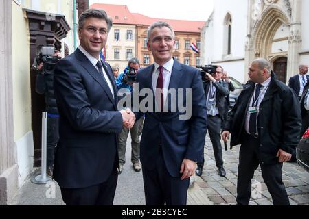 (200304) -- ZAGREB, March 4, 2020 (Xinhua) -- Croatian Prime Minister Andrej Plenkovic (L) meets with NATO Secretary General Jens Stoltenberg in Zagreb, Croatia, on March 4, 2020. Croatia, in cooperation with other EU member states and NATO, will do everything to prevent a new wave of migrants, Andrej Plenkovic said here on Wednesday after talks with Jens Stoltenberg. (Igor Kralj/Pixsell via Xinhua) Stock Photo