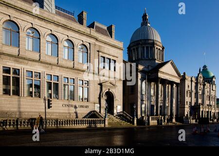 Aberdeen Central Library, St Mark's Church & His Majesty's Theatre, Aberdeen, Scotland in the early morning light Stock Photo