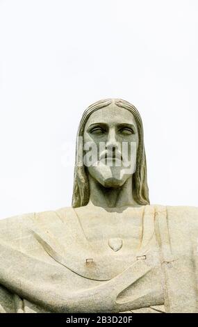 Head of the iconic statue of the huge statue of Christ the Redeemer, Mirador Cristo Redentor, Corcovado mountain, Rio de Janeiro, Brazil