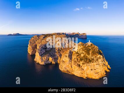Cap Formentor with lighthouse in the morning light, Formentor peninsula, near Pollenca, aerial view, Majorca, Balearic Islands, Spain Stock Photo