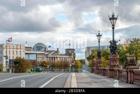 Reichstag building seen from the Moltke Bridge, German Bundestag, government district, Berlin, Germany Stock Photo