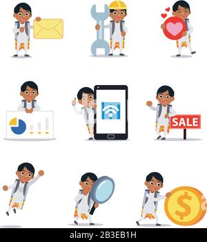 Set character of jet pack man carrying a rocket and ready to take off. Stock Vector