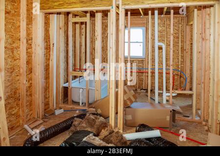 Construction work, water pipe pumping systems for bathroom PVC pipe connections Stock Photo
