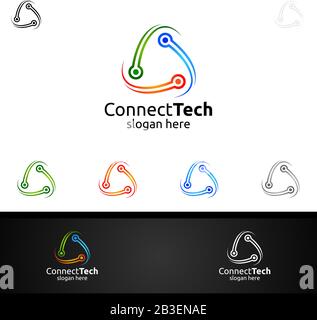 Technology Logo with Wires it and electronic cable, Connection Pixel Mobile Concept Stock Vector