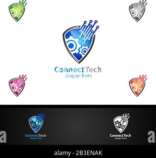 Technology Logo with Wires it and electronic cable, Connection Pixel Mobile Concept Stock Vector