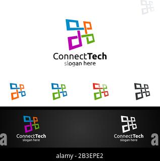 Technology Logo with Wires it and electronic cable, Connection Pixel Mobile Concept Stock Vector