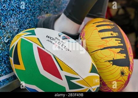 DUBAI, UAE - CIRCA JANUARY 2019: close up shot of Rugby balls seen  Dubai International Airport. Stock Photo