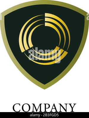 Dark Green Shield sign with gold cycle illustration in the midle. Recycle Guard Logo Design Template. Security Logo Concept isolated on white backgrou Stock Vector