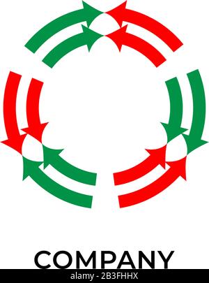 Two layers of red and green arrows spinning. Logo design template. Recycle logo concept isolated on white background Stock Vector