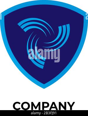 Blue Shield illustration with vortex icon inside. Storm Guard Logo Design Template. Security Logo Concept isolated on white background Stock Vector