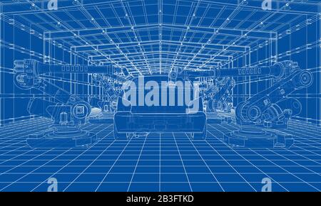 Assembly of motor vehicle. Robotic equipment makes Assembly of car. Blueprint style. Vector rendering from 3D model Stock Vector