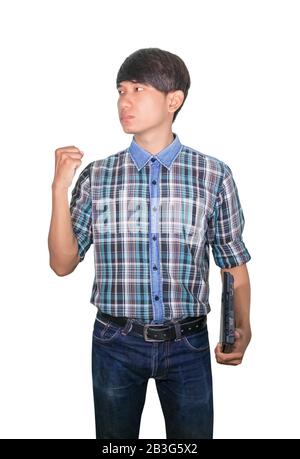 businessman confident young using computer laptop and raised hand on white background Stock Photo
