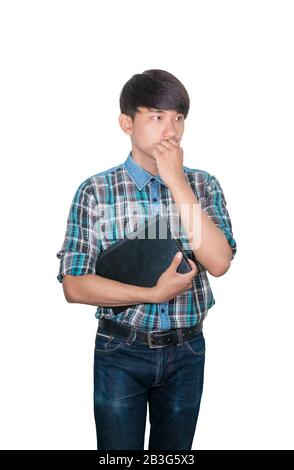 businessman young hold Laptop computer at thinking Ideas strategy working on white background Stock Photo