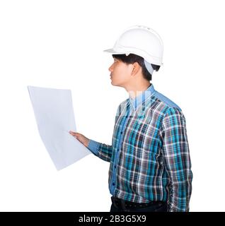 Engineer holding rolled blueprints inspect construction and wear white safety helmet plastic on white background Stock Photo