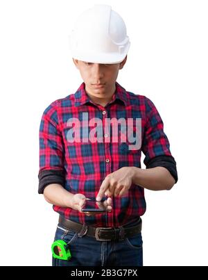 hand of engineer using cell phone and wear white safety helmet plastic on white background. construction concept Stock Photo