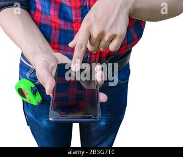 hand of engineer holding cell phone on white background. construction concept Stock Photo