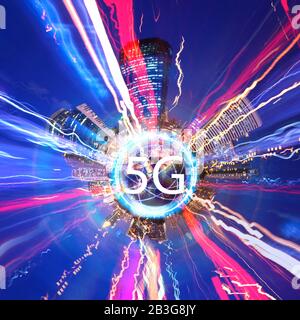 5g concept of internet system connection is faster technology. 5g with city 360 degree background Stock Photo
