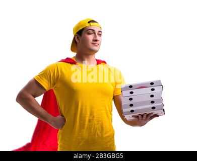 The super hero pizza delivery guy isolated on white Stock Photo