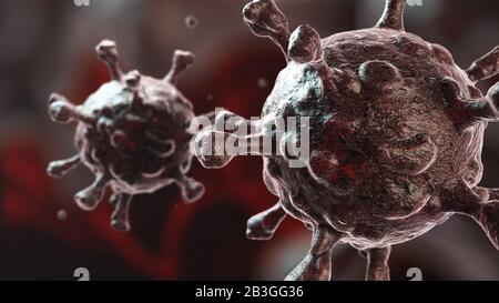 Close-up of brown linked virus cells zoomed under microscope for medical research Stock Photo