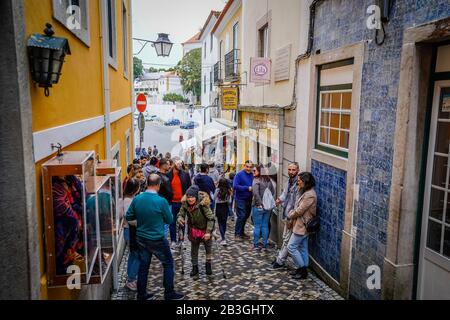 Sintra Portugal, view of tourists in a street in the center of Sintra, Portugal Stock Photo