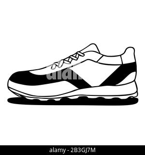 Sneakers vector Icon. Black and white doodle on White Background.Simple illustration of fitness and sport, gym shoe. Sign shop graphics Stock Vector
