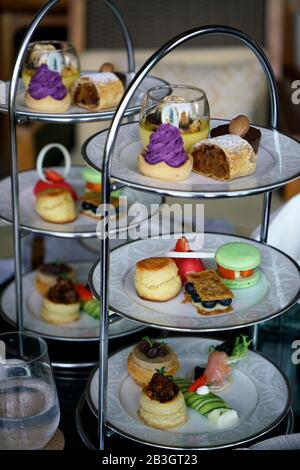 A closed up view of the high tea served in the lounge of the Ritz-Carlton Hotel Resort Bali.Nusa Dua.Bali.Indonesia Stock Photo