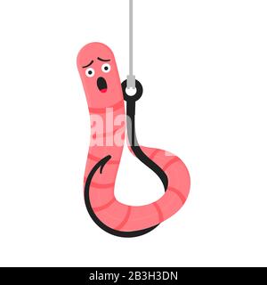 Earthworm cartoon character icon sigh. Worm with face expression smilling on the hook flat style design vector illustration isolated on white backgrou Stock Vector