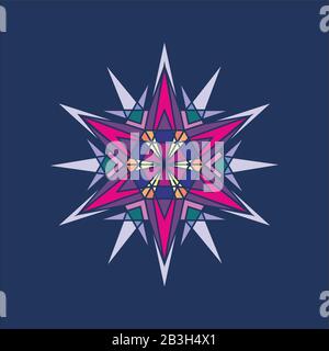 stained glass snowflake, star colorful ornament on a blue background Stock Vector