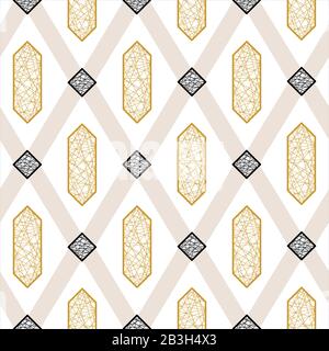 Abstract Vector Seamless Geometric Pattern Of Wide Intersecting Diagonal Lines, Black Rhombuses And Golden Hexagonal Elements. Stock Vector