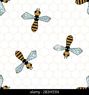 Vector Seamless Pattern With Bees And Honeycombs, Hand drawn. For Pattern, Wallpaper, Print On Fabric, Textile, Wrapping Paper, Ornament. Symbol of Je Stock Vector