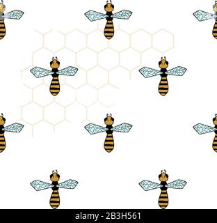 Vector Seamless Pattern With Bees And Honeycombs, Hand drawn. For ...