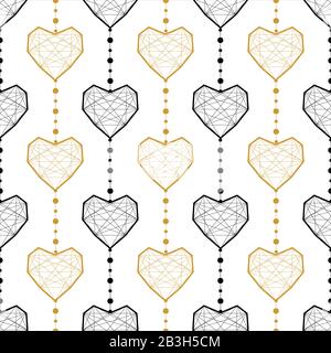 Abstract Vector Seamless Geometric Pattern Of Black And Golden Hearts Connected By Vertical Stripes Of Round Beads. Stock Vector