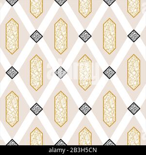 Abstract Vector Seamless Geometric Pattern Of Wide Intersecting Diagonal Lines, Black Rhombuses, Beige Rhombuses And Golden Hexagonal Elements. Stock Vector
