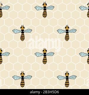 Vector Seamless Pattern With Bees And Honeycombs, Hand drawn. For Pattern, Wallpaper, Print On Fabric, Textile, Wrapping Paper, Ornament. Symbol of Je Stock Vector