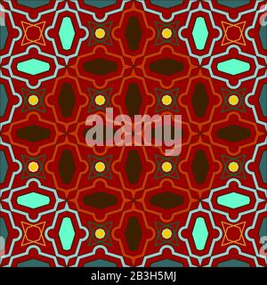 Geometric Pattern Of Polygons. Light blue, Orange and Brown Pattern On A Red Background. For Pattern, Textile, Fabric, Wrapping Paper, Engraving And L Stock Vector