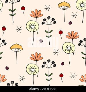Floral Seamless Pattern. Hand-drawn Pattern of Various Plants, Flowers and Berries. Vector Pattern On a Light Background. Stock Vector