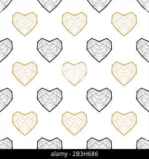 Abstract Vector Seamless Geometric Pattern Of Black And Gold Hearts. Stock Vector