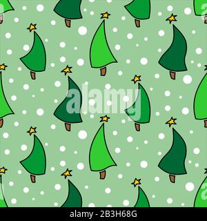 Seamless Pattern Of Dancing Christmas Trees With Stars. New Year. Green Spruce On A Light Background With Snowflakes. For Decoration, Textile, Fabric, Stock Vector