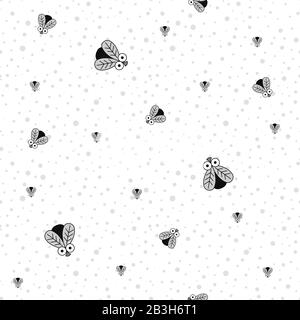Seamless Pattern With Insects. Fly. Vector Black and white pattern of Flies of Different Sizes. Stock Vector