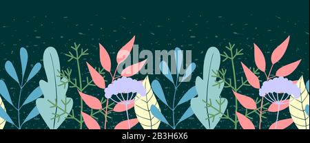 Vector Hand-drawn Seamless Floral Border Of Leaves And Plants. Horizontal Seamless Natural Contour Pattern On A Dark Background. Stock Vector