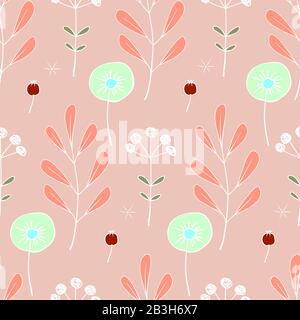 Floral Seamless Pattern. Hand-drawn Pattern Of Various Plants, Flowers and Berries With A White Outline On A Pink Background. Stock Vector