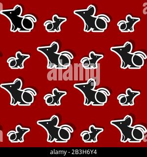 Vector seamless pattern of stylized mice or rats stickers on red background. For decoration, greeting cards, wrapping paper. Symbol 2020 year of the r Stock Vector