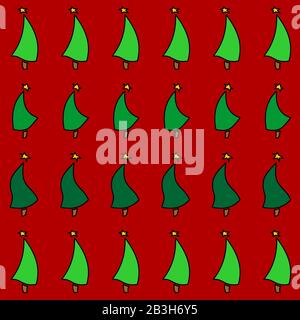 Seamless Pattern Of Dancing Christmas Trees Decorated With Stars. New Year. Green Spruce On A Red Background. For Decoration, Textile, Fabric, Wrappin Stock Vector