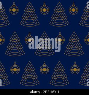 Seamless Geometric Pattern Of Christmas Trees and Christmas Balls. New Year. Gold Pattern On A Dark Blue Background. For Decoration, Textile, Fabric, Stock Vector