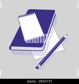 Notebooks, a sheet of paper and a pencil are on the table. Vector image. Stock Vector