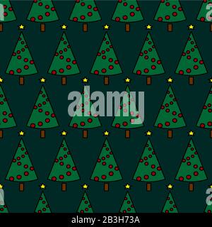 Seamless Pattern Of Christmas Trees Decorated With Christmas Balls And Stars. New Year. Green Spruce On A Dark Background. For Decoration, Textile, Fa Stock Vector